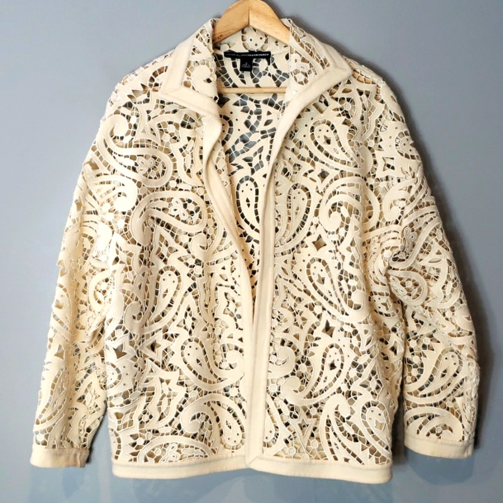 Linda Allard Ellen Tracy Wool Coat Womens 12 Lace Vintage 90s Cream